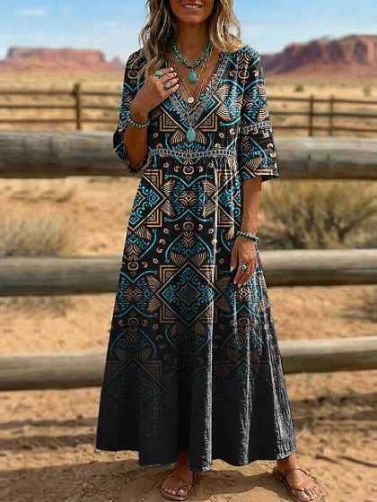 Retro Floral Art Print V-Neck Western Dress